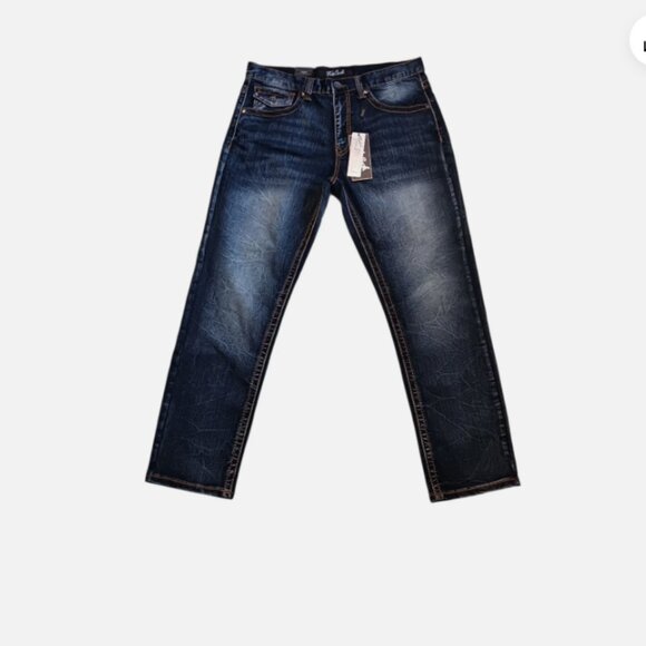 True Luck Jeans men's Stretch Straight 3 Flap Pockets blue 34x30 Embroidered - Picture 5 of 14